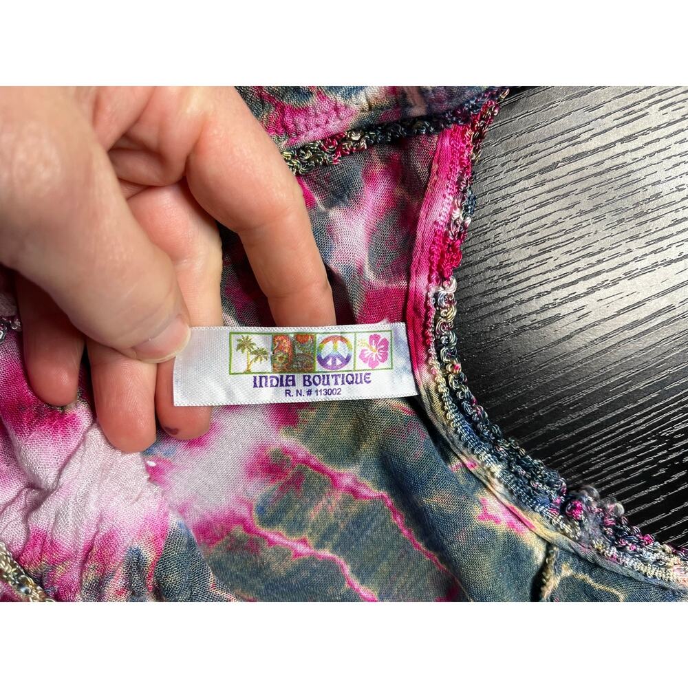 India Boutique Vibrant Boho Tie Dye Bollywood Style Crinkly Gauze Midi Dress - Picture 7 of 7